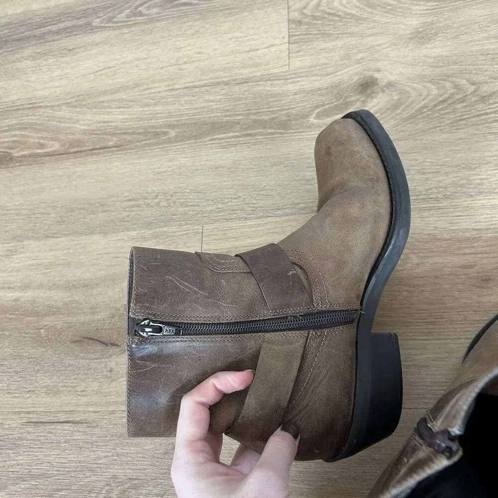 Brown Leather Harness Boots Size 7.5 Ankle Cowgirl Western Boho Square Toe